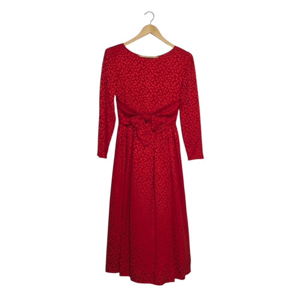 Vintage Front Tie Red Satin Leopard Print Midi Dress Long Sleeve VTG Women Small